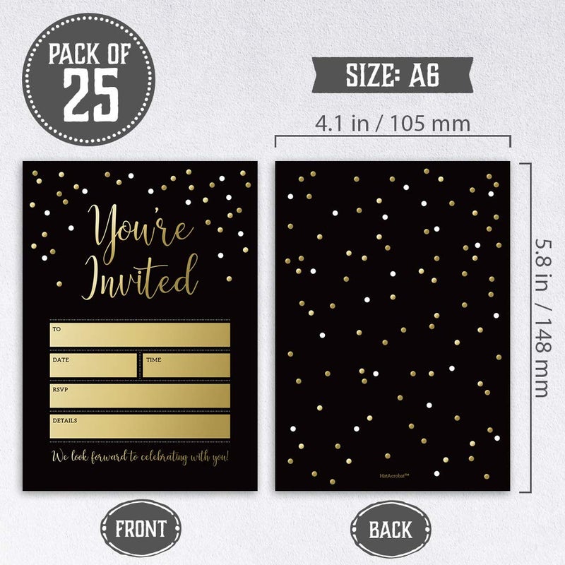 Hat Acrobat Black and Gold Party Invitations with Envelopes Perfect for Anniversary, Birthday, Rehearsal Dinner, Bachelorette Party, Graduation, 25 Pack - Image 2